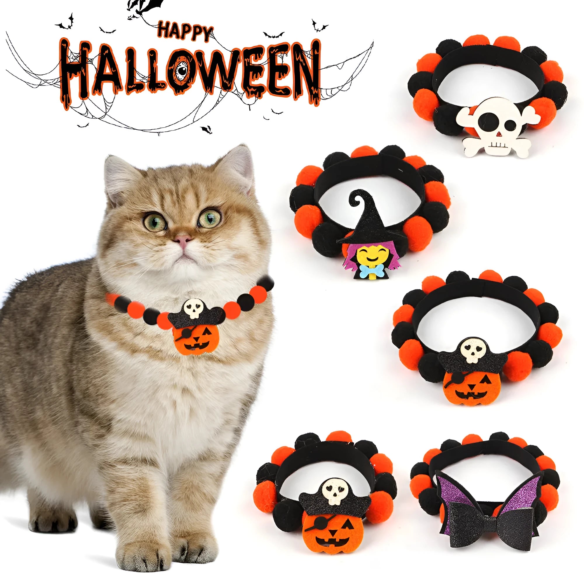 Halloween pet collar with fluffy fur ball accessory in pumpkin design, shown in size M