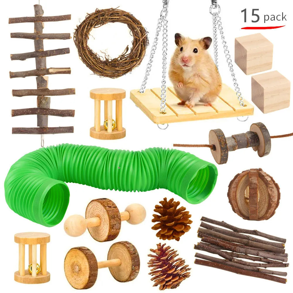 Wooden chew toy sets for rabbits, guinea pigs and parrots with various natural components