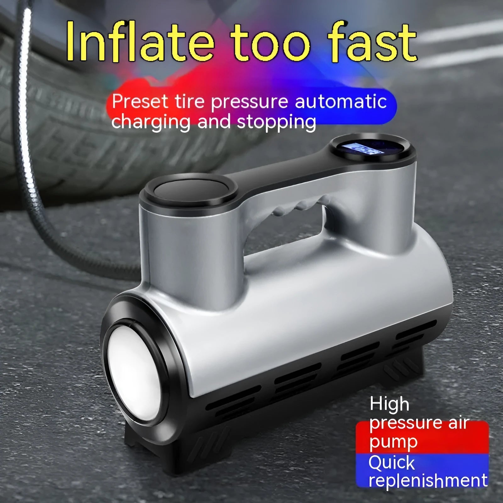Black 12V portable car tyre inflator with digital display, hose, and nozzles on a grey background.