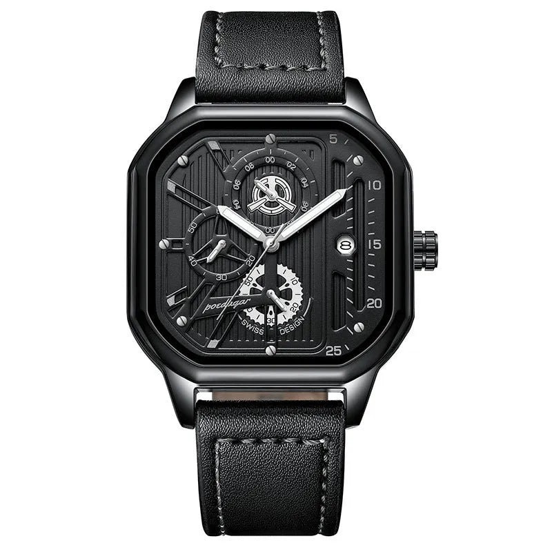 Men's multifunctional quartz watch with belt-style strap showing black shell with gold nails design
