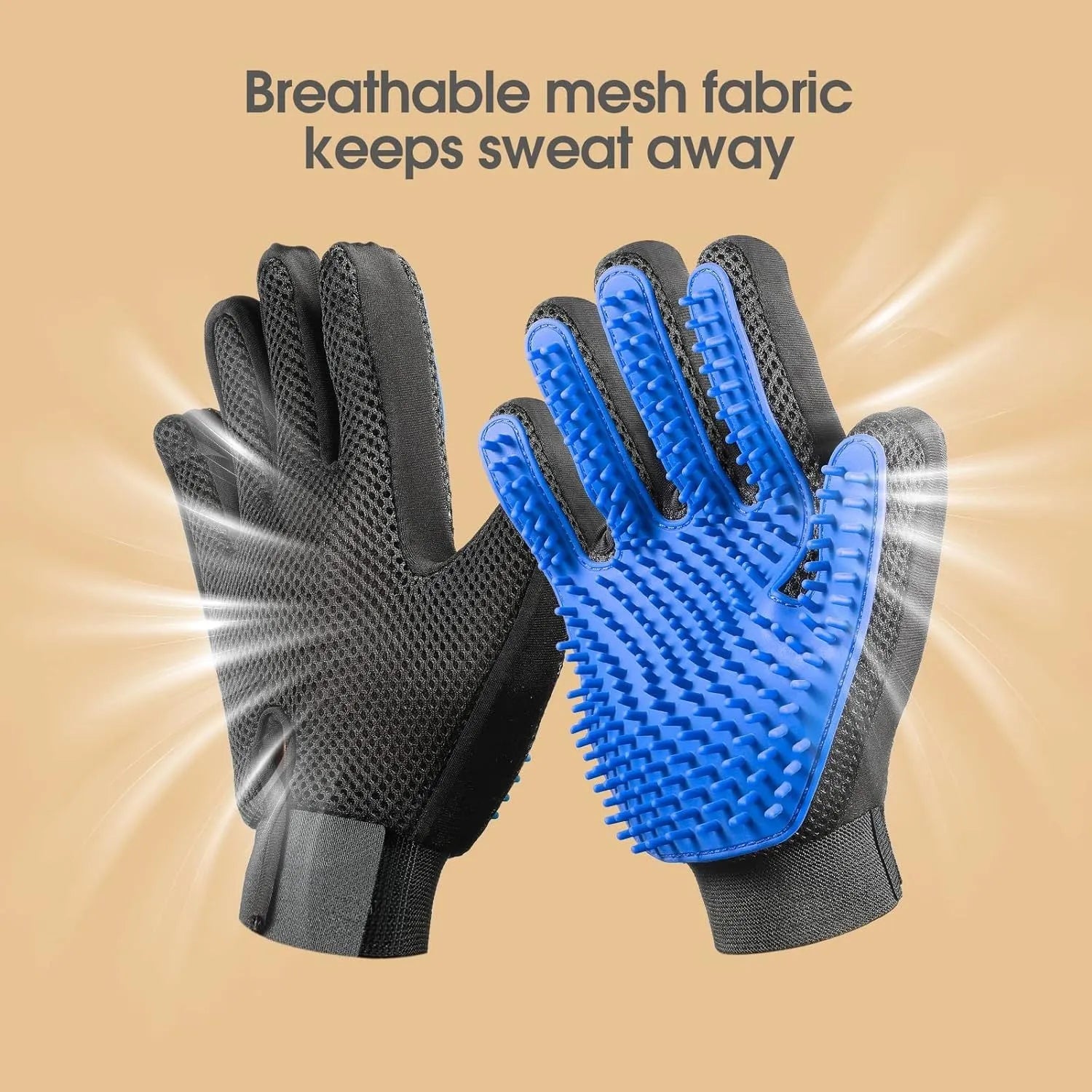 Blue pet grooming gloves with silicone tips for brushing and bathing dogs and cats.
