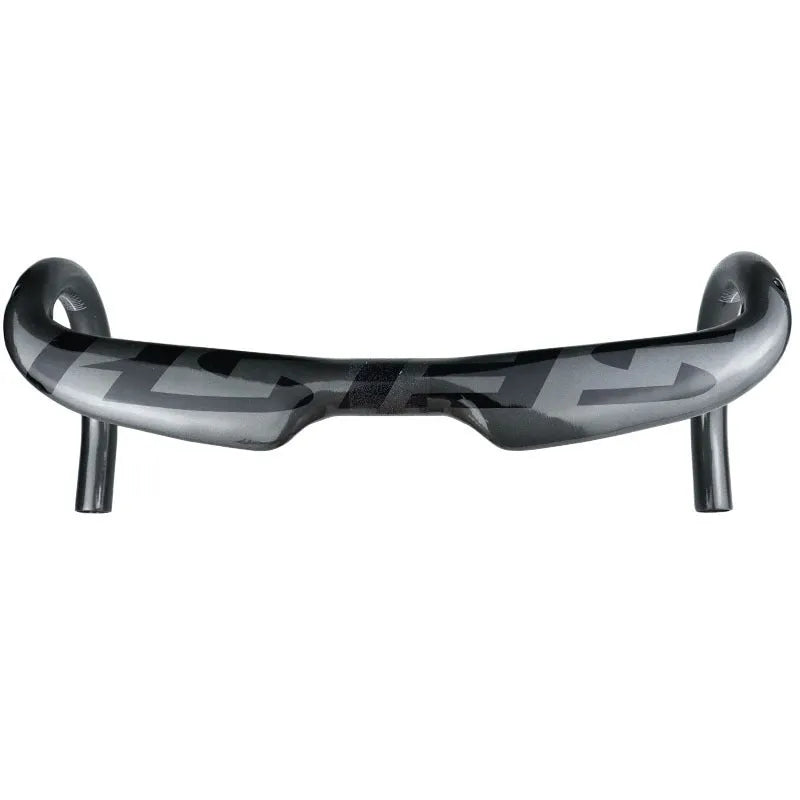Carbon fibre road bike drop handlebar shown in a black finish, with ergonomic bends for brake hoods and drops.
