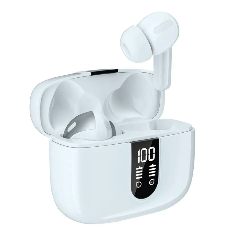 Jerry X08 wireless Bluetooth in-ear headset with digital display and USB charging case in Black, Grey, or White colours