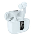 Jerry X08 wireless Bluetooth in-ear headset with digital display and USB charging case in Black, Grey, or White colours