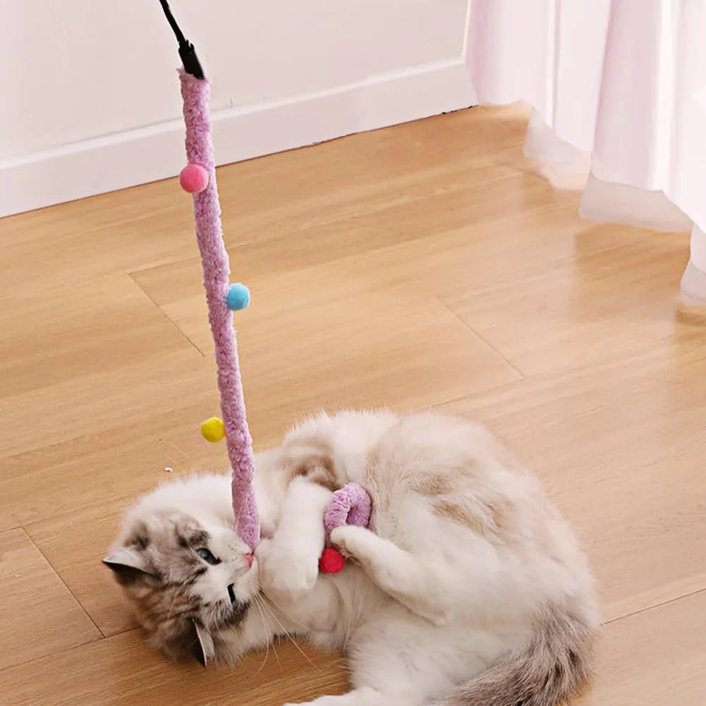 Colourful plush strip cat wand toy with jingle bells on a 41cm long pole