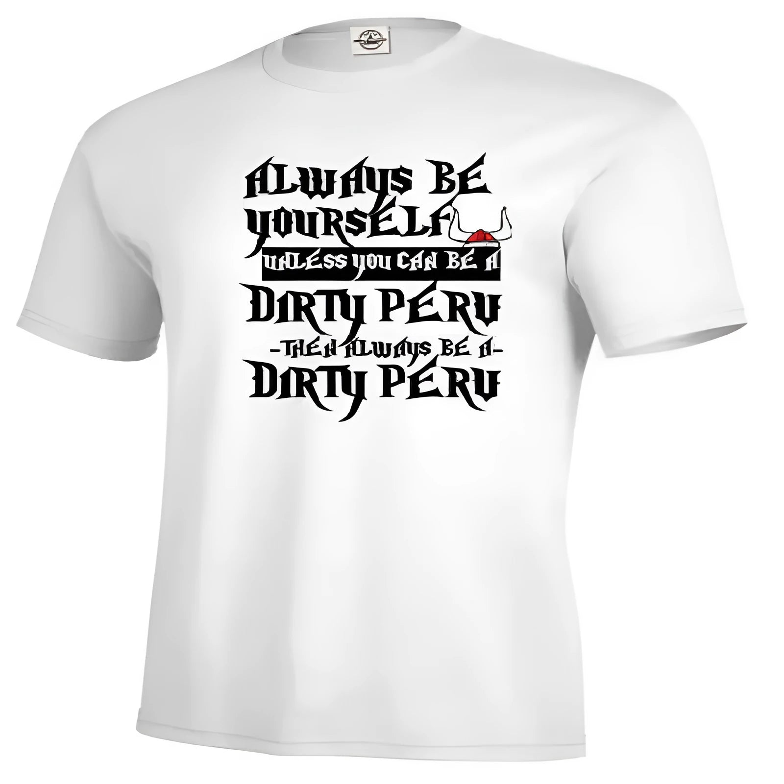 Men's white printed short sleeve t-shirt showing straight fit and casual style