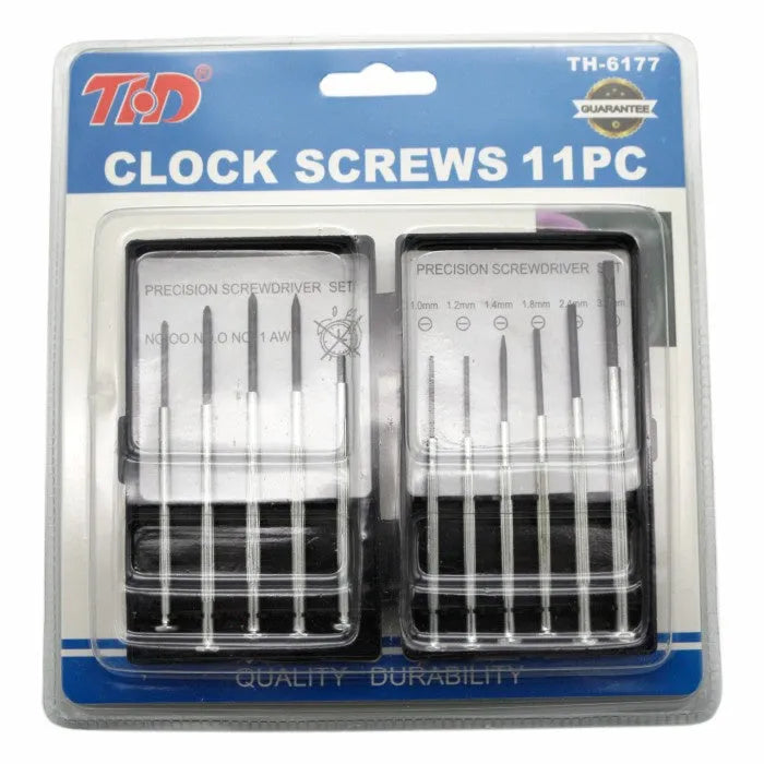 TH-6177 11-piece clock screwdriver set with cross and slotted tips on a workbench