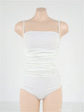 Blue sling style one-piece swimsuit with belly pleats on a mannequin, showing slim-fit design
