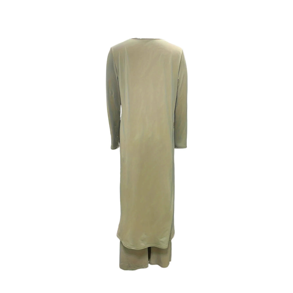 A loose-fitting long sleeve two-piece lounge set in polyester, shown in black, blue, and khaki colour options.