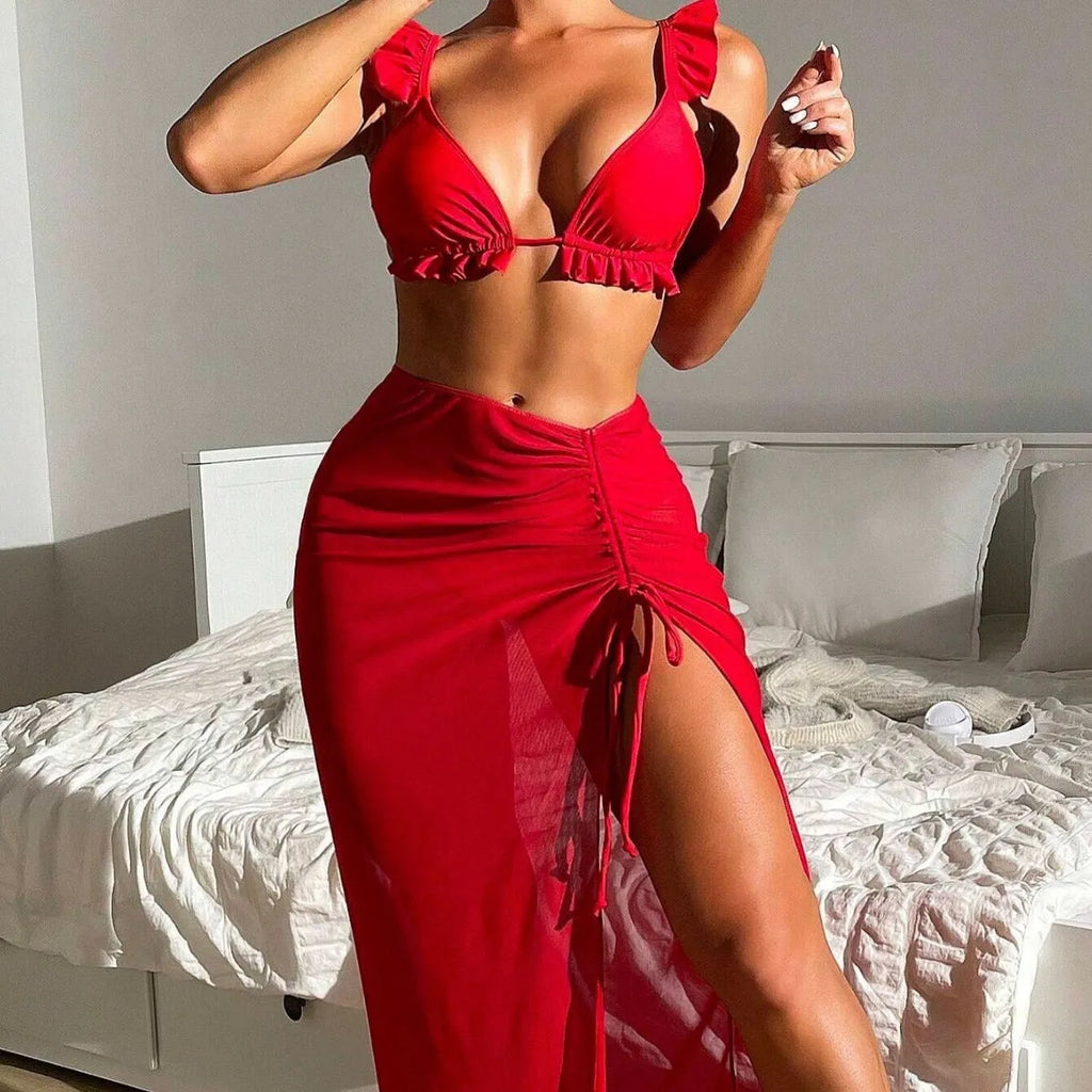 Women's printed split swimsuit three-piece set with skirt bikini in multiple colour options.