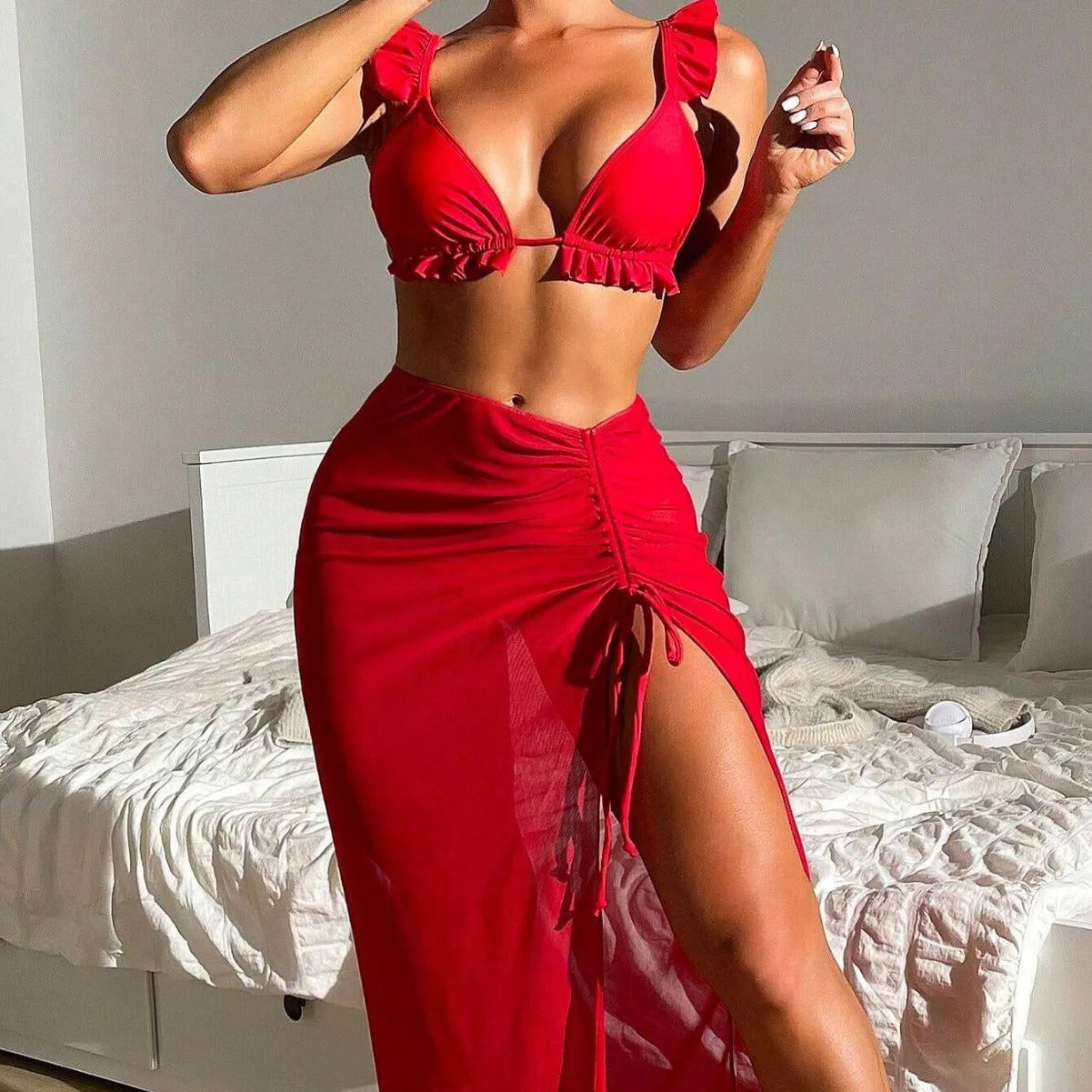 Women's printed split swimsuit three-piece set with skirt bikini in multiple colour options.