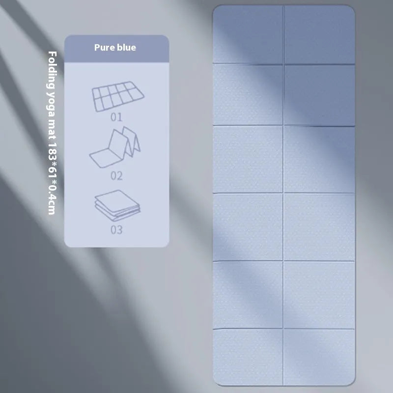 Folded and unfolded purple TPE gym mat showing its six-fold design and non-slip texture.