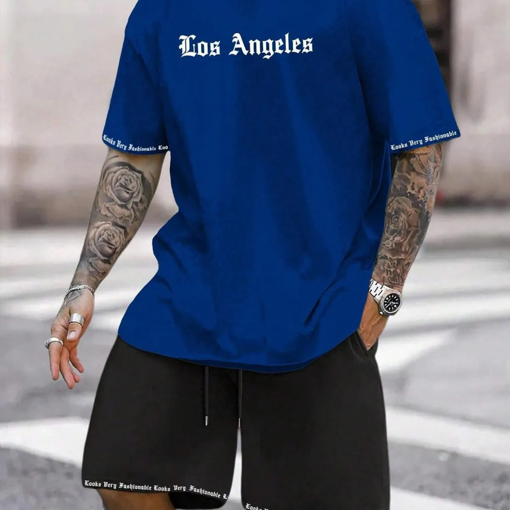Sports style short-sleeved shorts set with printing pattern in polyester blend fabric
