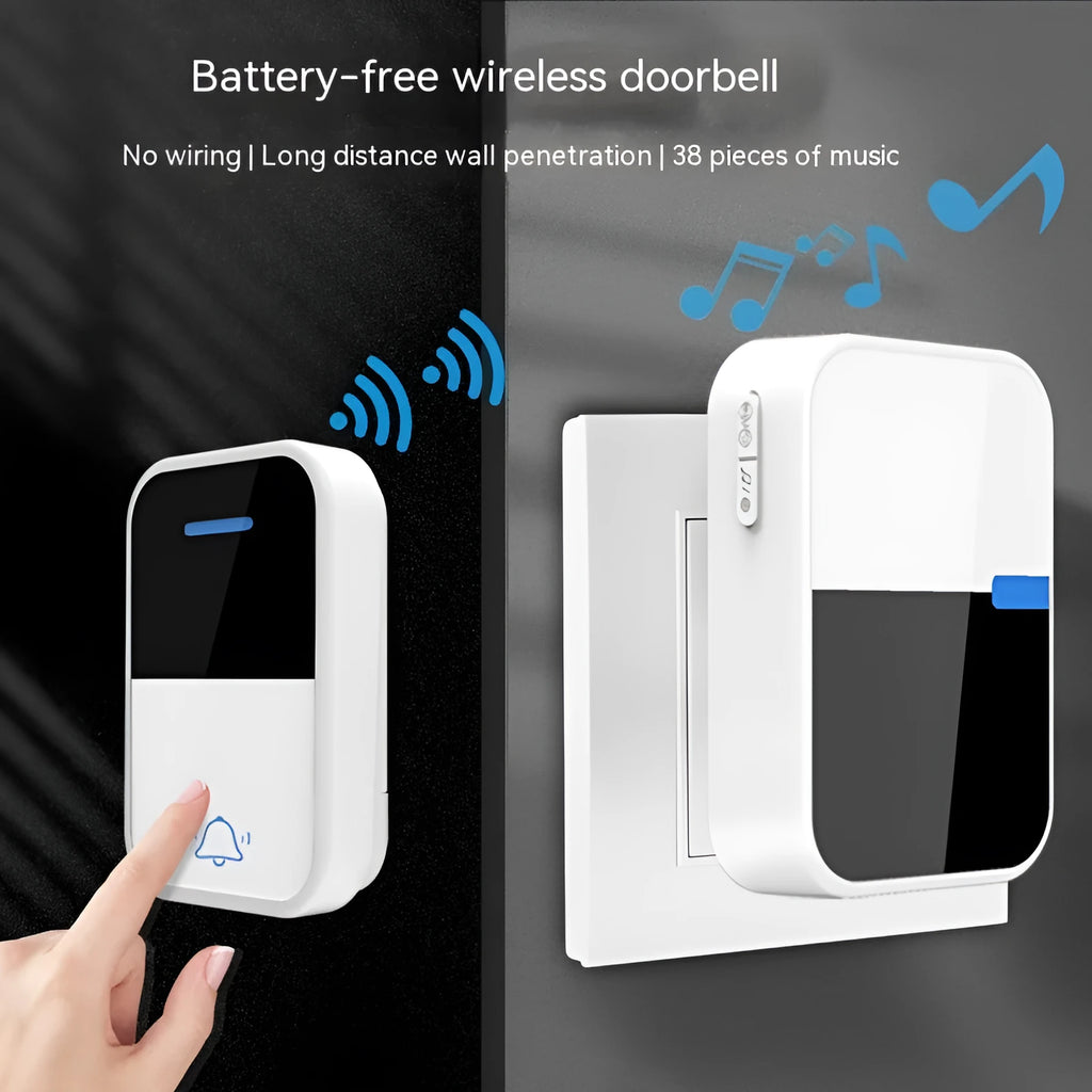 White plastic wireless doorbell receiver and self-generating button on a white background.