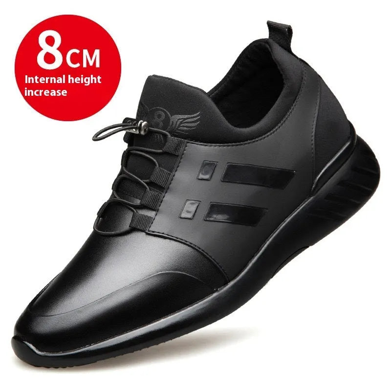 Men's black casual height increase shoes with chunky rubber sole, shown in leather, mesh, and Lycra upper options.