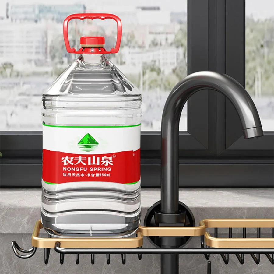 Kitchen storage faucet rack drain basket in space aluminium with no-punching attachment mounted over tap