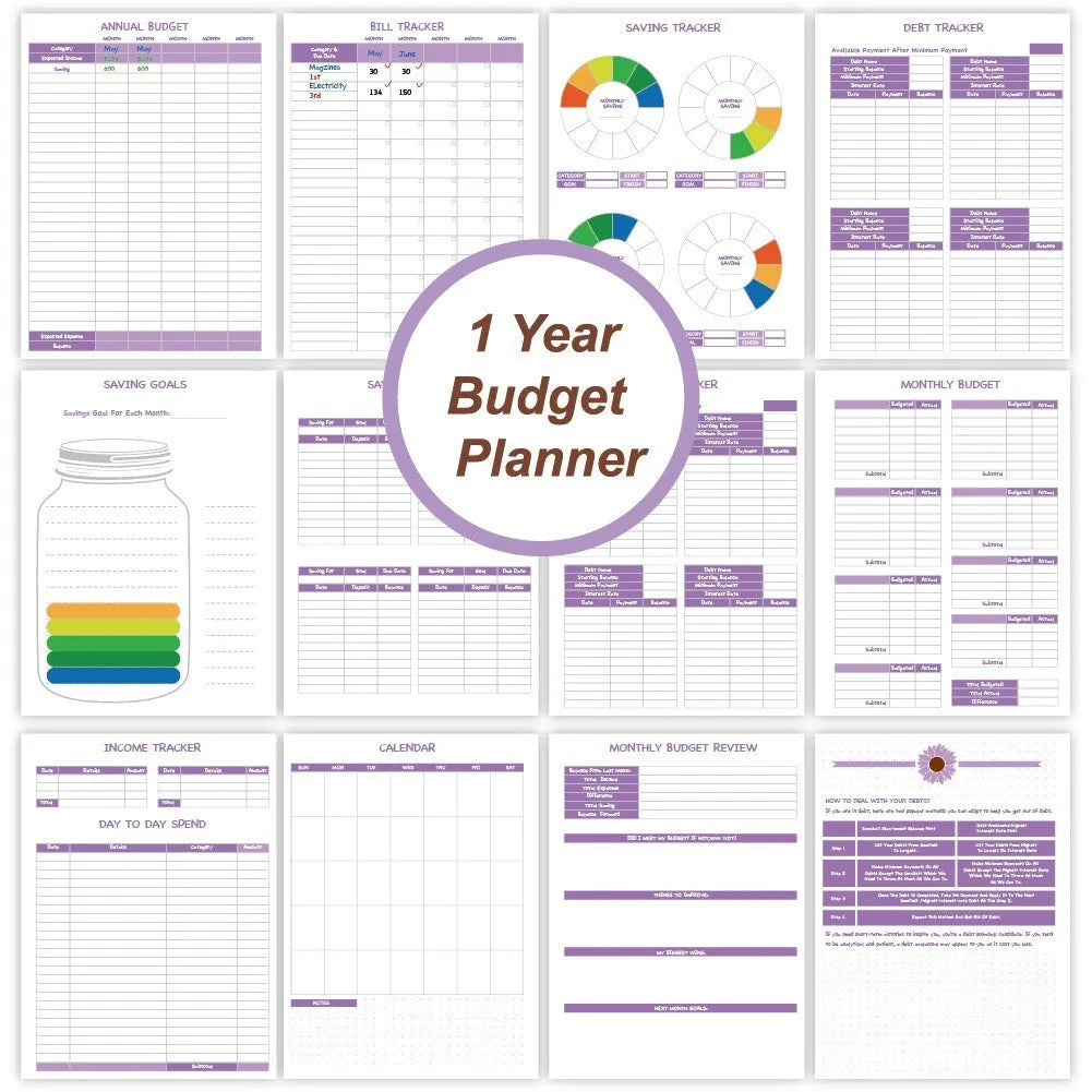 Purple A6 coil-bound budget notebook with pen and financial planning accessories