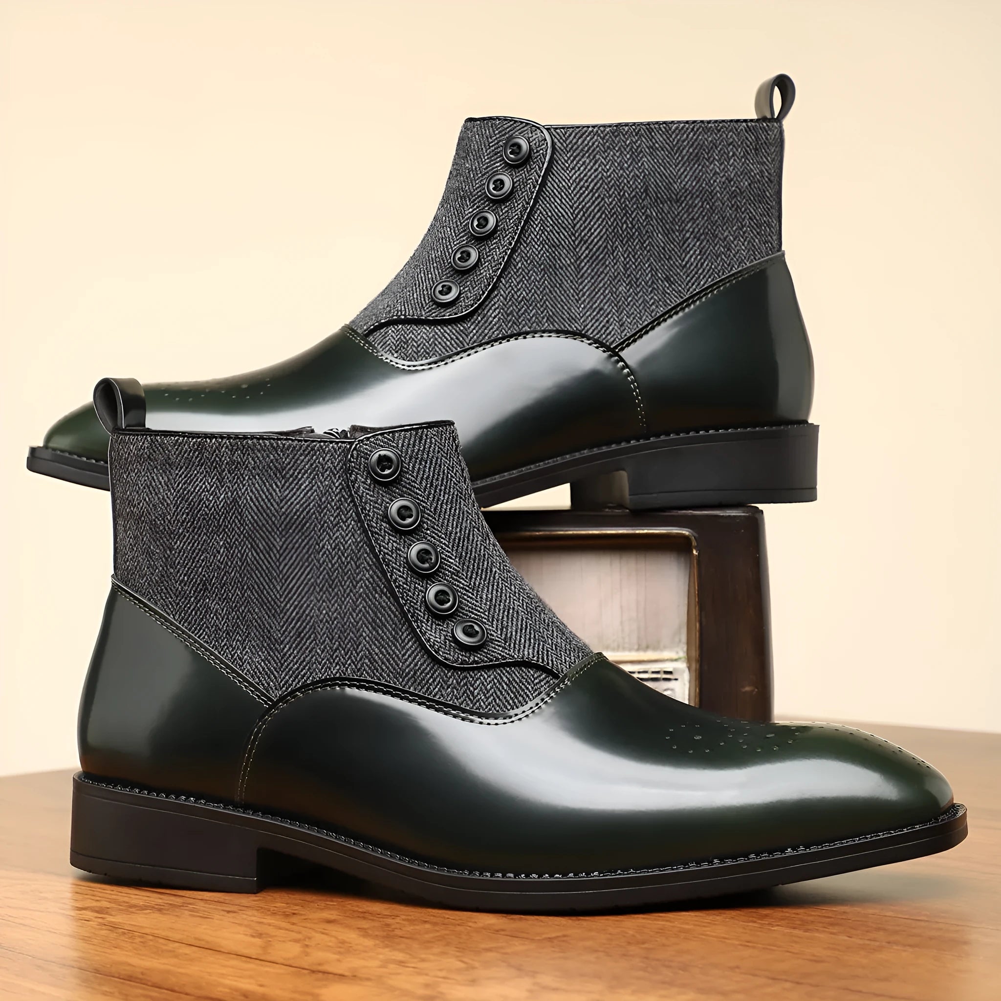 British retro men's formal shoes with side zipper in brown or green colours with square toe design