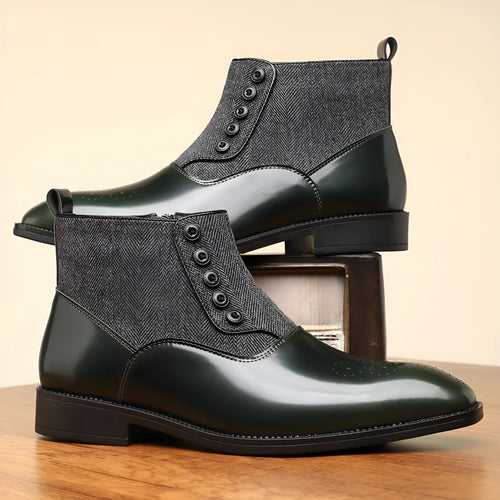 British retro men's formal shoes with side zipper in brown or green colours with square toe design