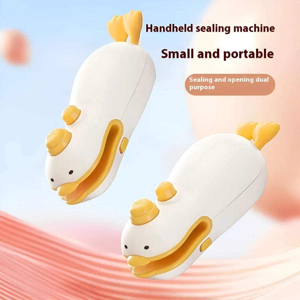 Small yellow duck shaped rechargeable sealing machine with charging cable on a white background.