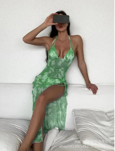 Three-piece multicolour printed polyester bikini set, Pattern 12 colour, for women sizes S to XL