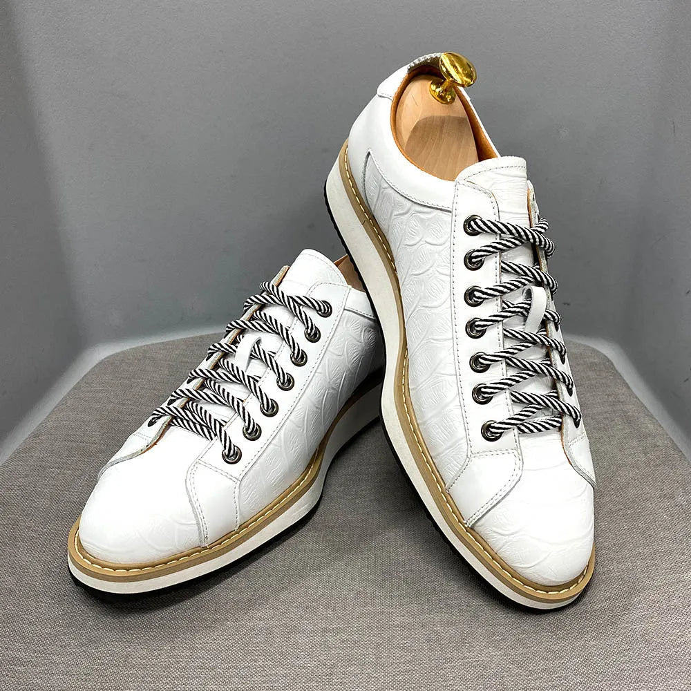 Handmade men's low top shoes with embossed pattern, front tie laces, in black, green, white, or grey.