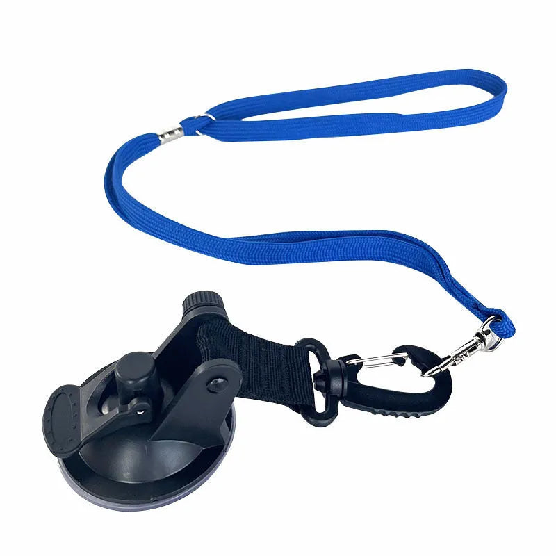 Black and blue pet bathing restraint with four adjustable suction cup cuffs for dogs.
