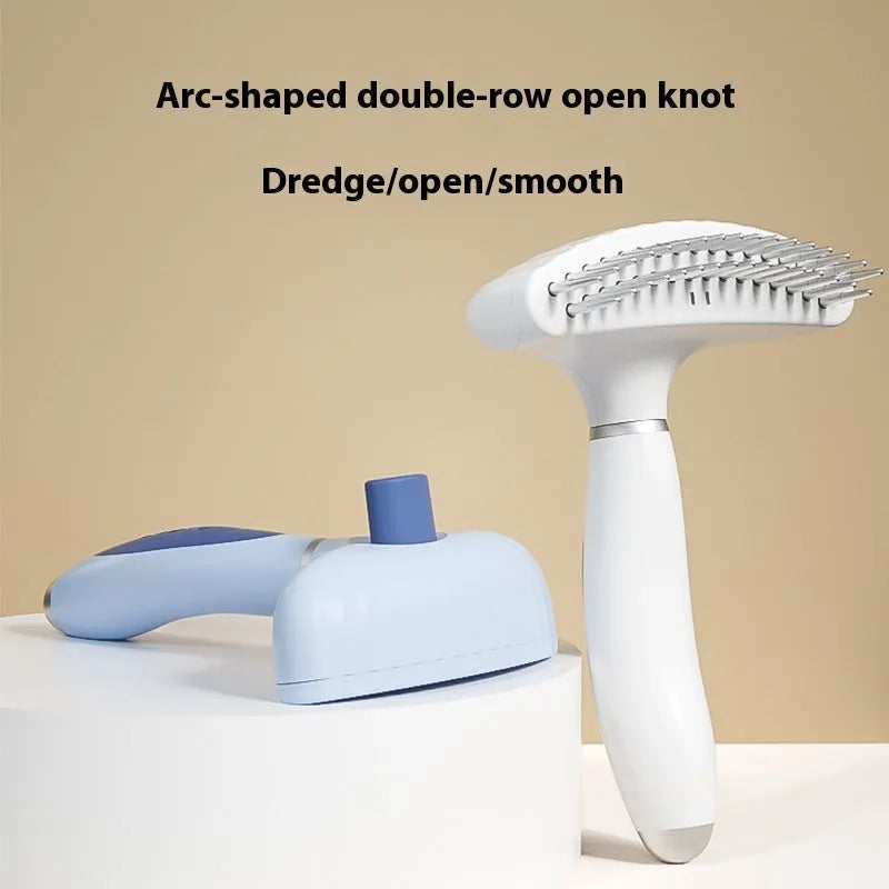 Azure light blue stainless steel double-row pet grooming comb for dogs on white background