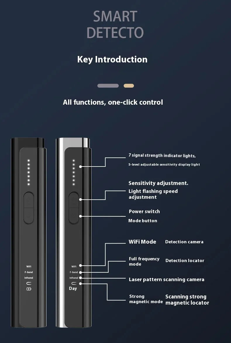 Black or silver plastic Signal Search anti-spy camera detector showing its compact size.