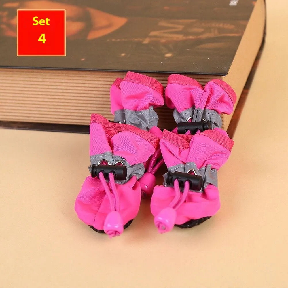 Dog shoes with soft soles in multiple colours including rose red, black, blue and monkey print designs