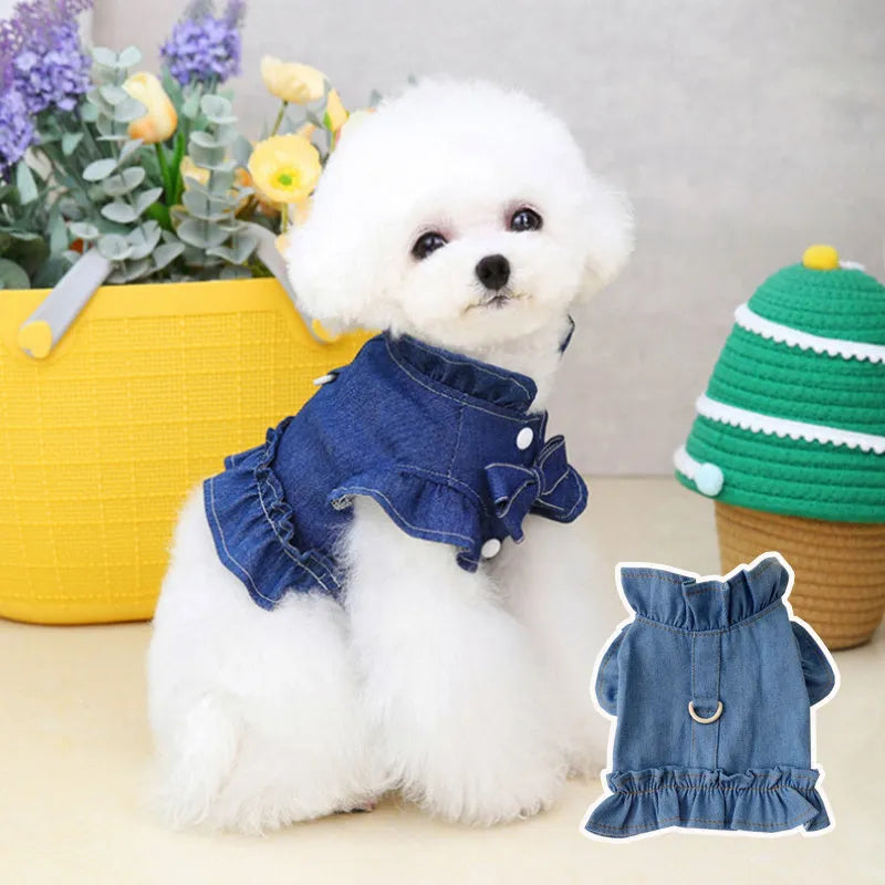 Dark blue denim pet dress with ruffles and a back leash hook for dogs