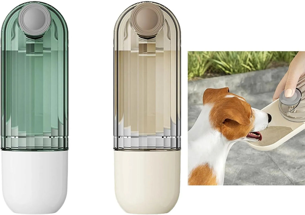 Beige foldable dog water bottle with food dispenser base, shown with dimensions.