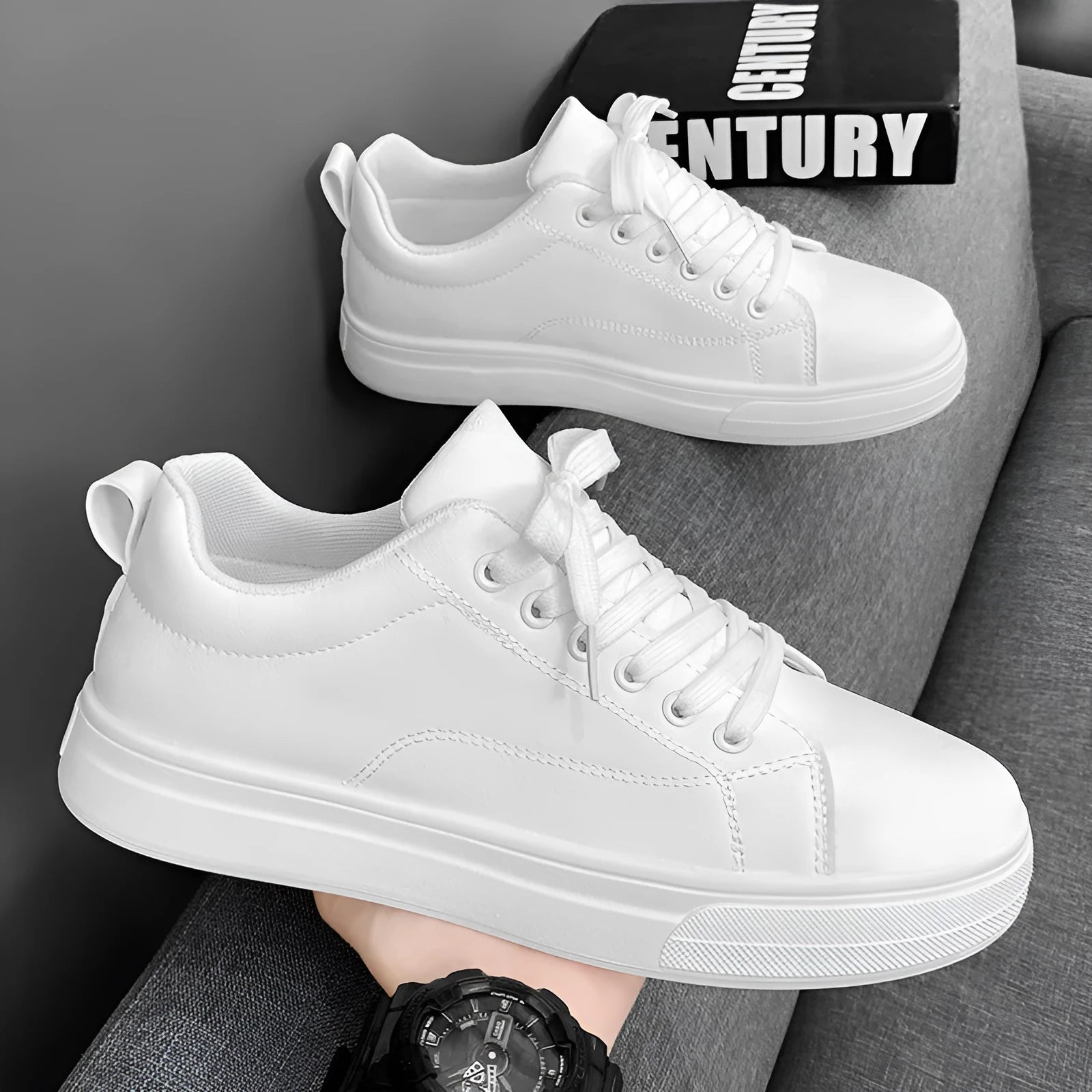 Men's white and black Korean-style low-top casual sneakers with round toe and flat heel.