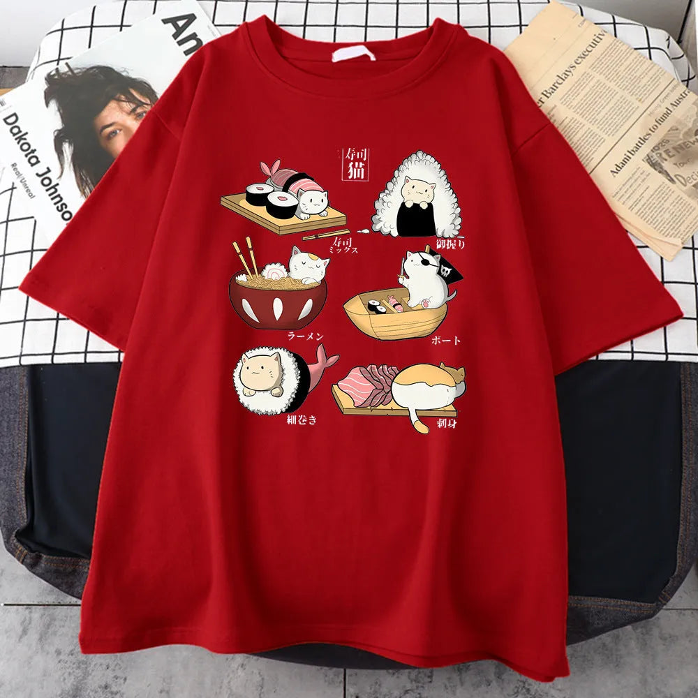 Men's black cotton T-shirt with white cat sushi cartoon print, short sleeves, loose fit