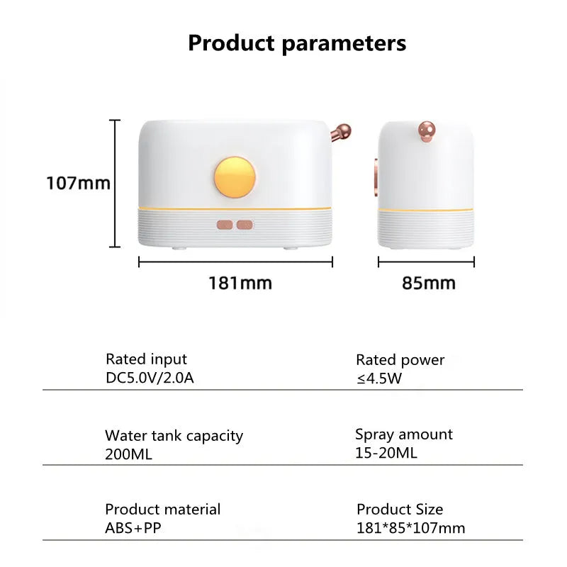 Black USB desktop humidifier with flame-effect LED light and 200ml water tank