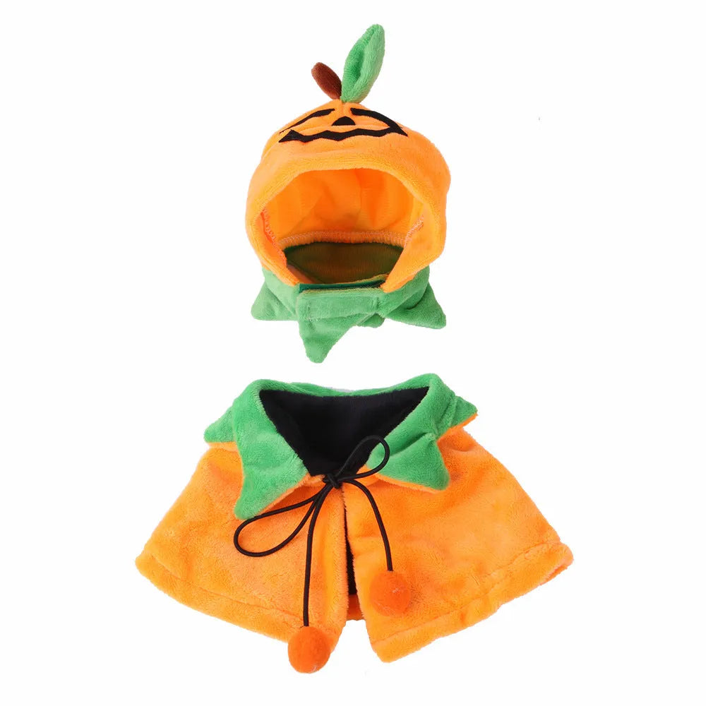 Orange plush Halloween pumpkin cloak for a dog or cat showing double-sided design