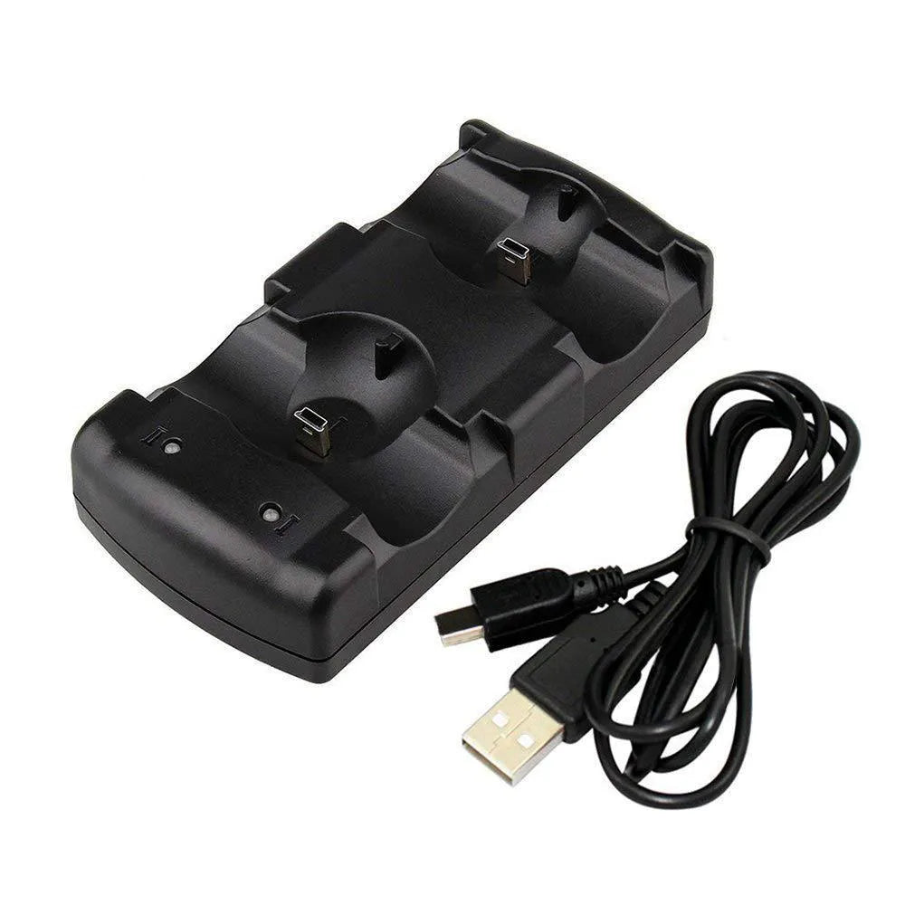 Black plastic PS3 two-in-one dual charger base with USB interface for wireless controllers