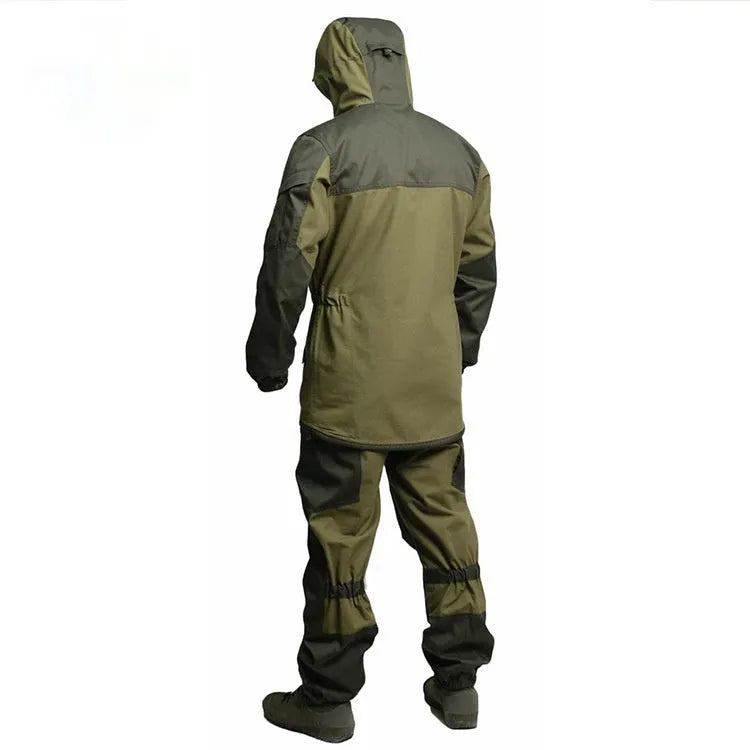 Men's Special Forces tactical camouflage battle suit jacket and trousers set in cotton blend fabric.