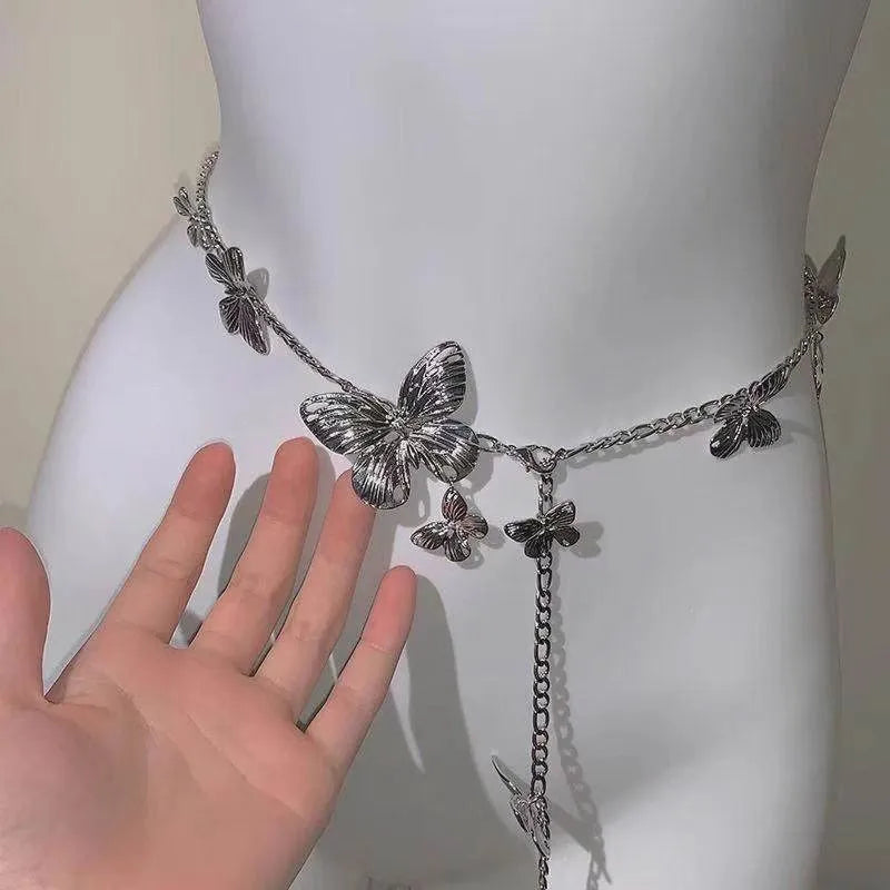 Butterfly waist chain belt with alloy construction in gold or silver colour, 104cm length