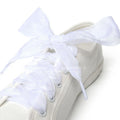 Wide transparent lace shoelaces in multiple solid colours showing 4cm width and length.