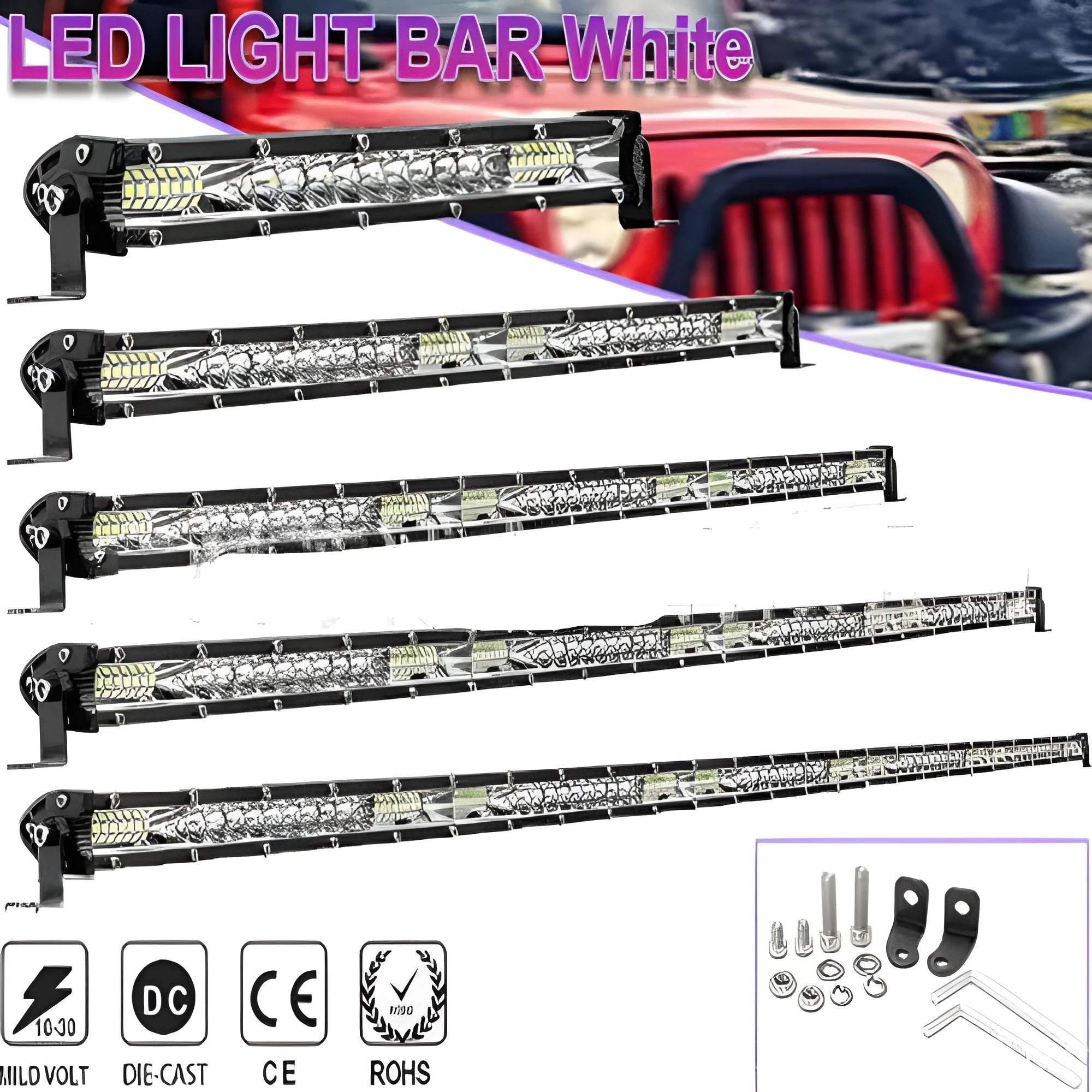Ultra-thin single row white LED light bar for vehicle roof or bumper in three length options.