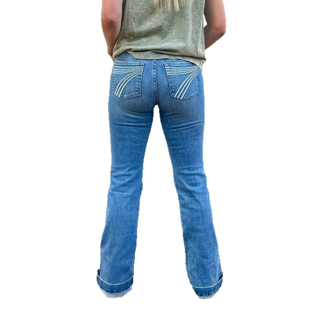 Slim fit mid-waist slightly flared denim jeans with embroidery details in blue, red, or white