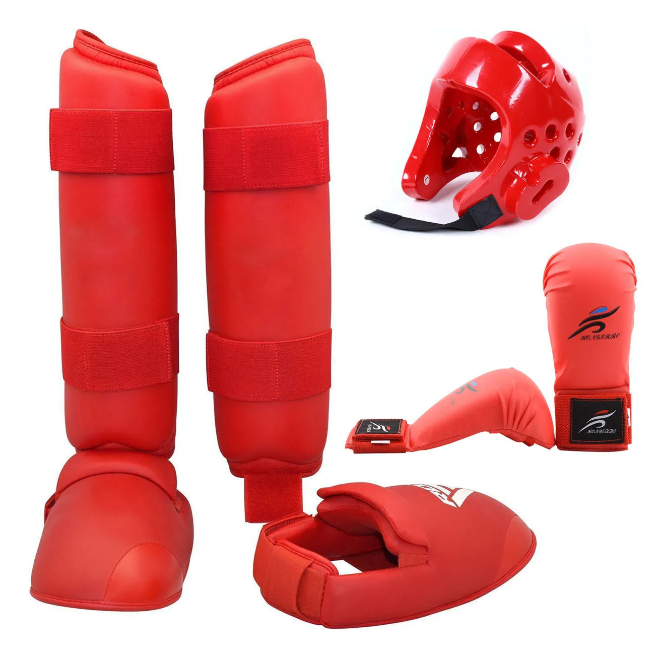 Karate taekwondo protective gear set with leg guard, helmet, boxing gloves in red or blue