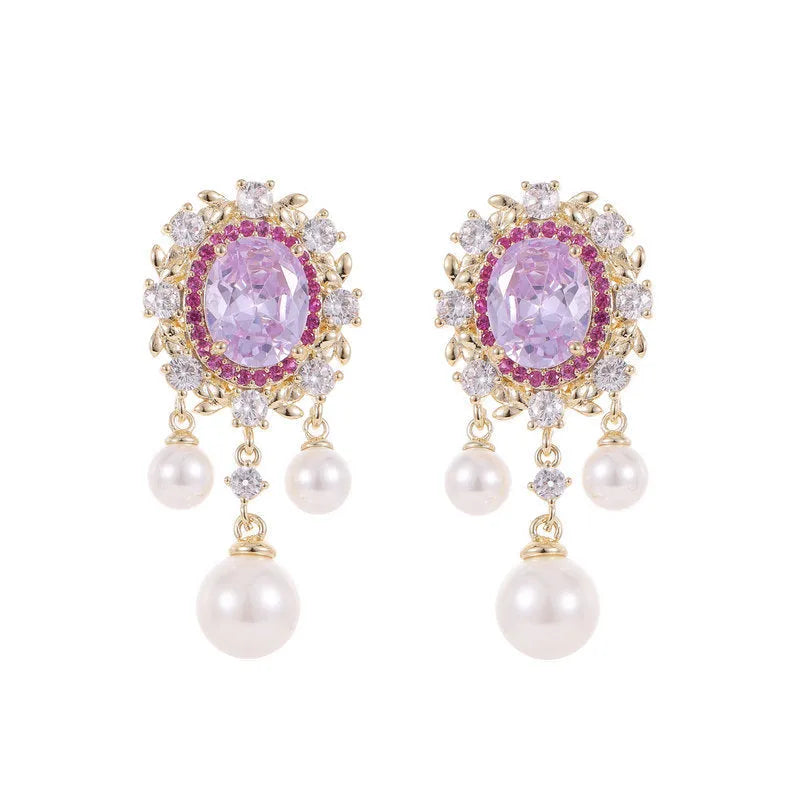Copper oval earrings with zircon inlaid detail and pearl tassel pendant in light purple colour