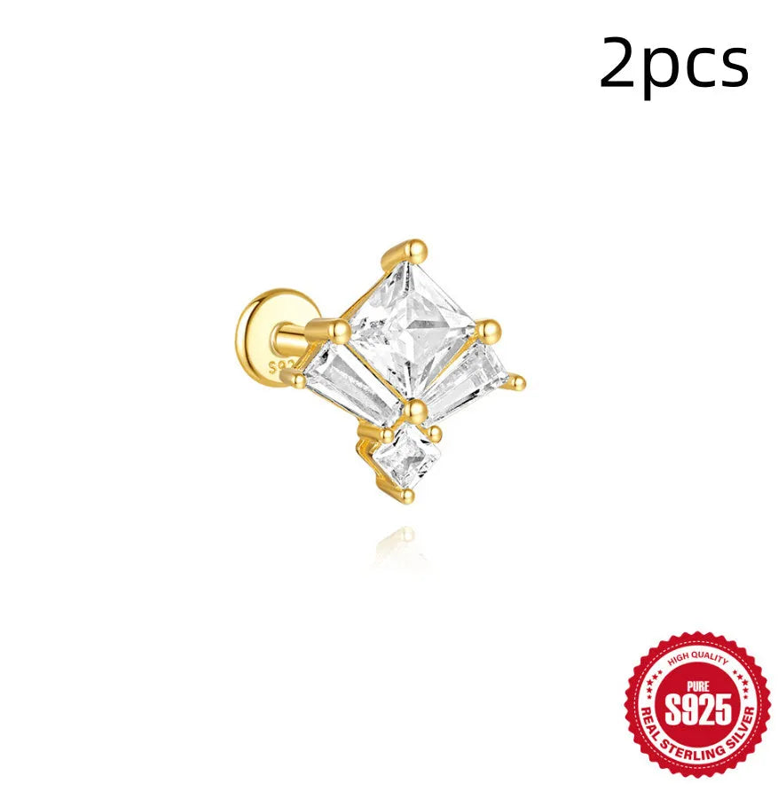 S925 sterling silver double ear piercings stud earrings with zircon inlaid chain in golden geometric designs