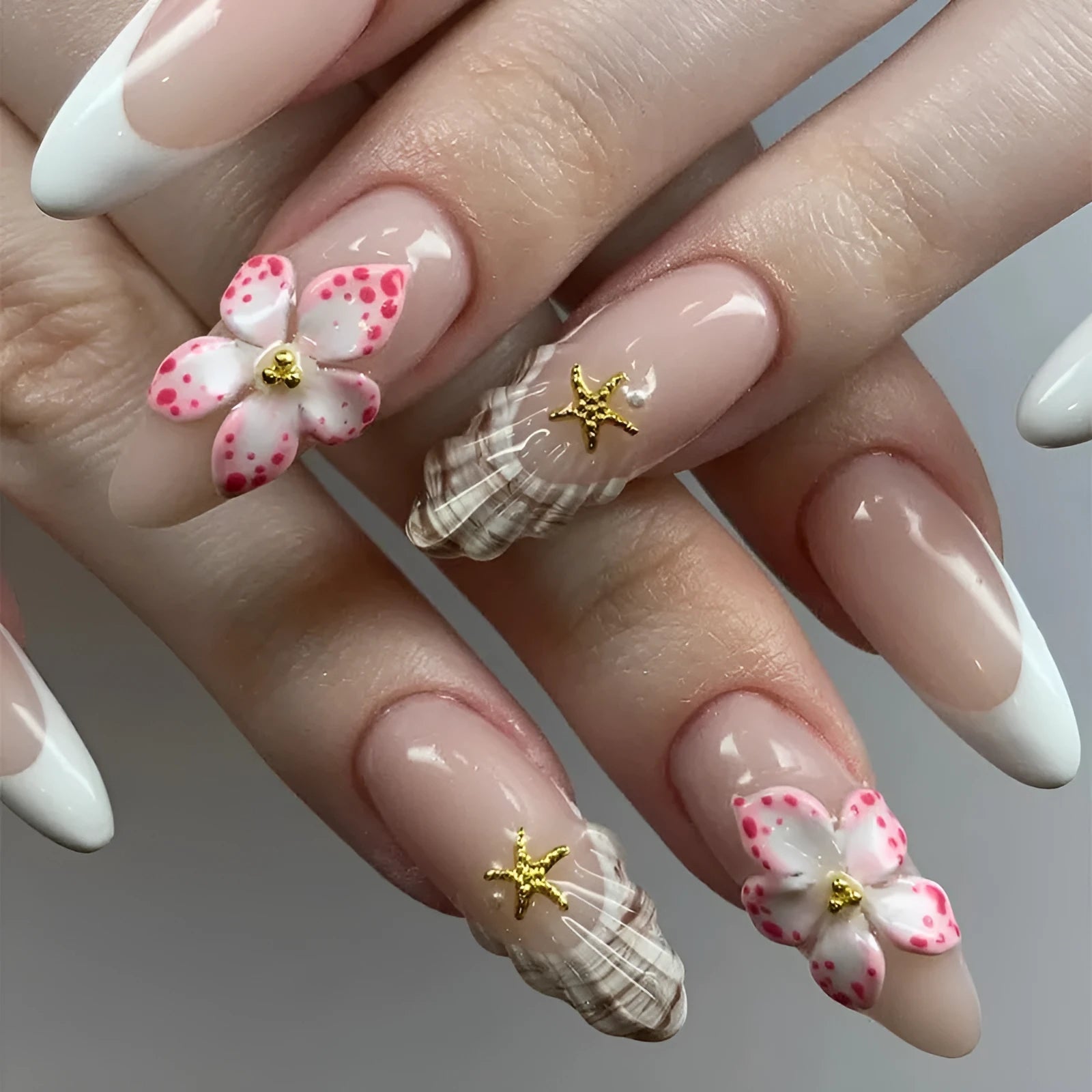 Plastic French style fake nails with rock pattern and removable flower patches, colour W1764 Simple Flowers.