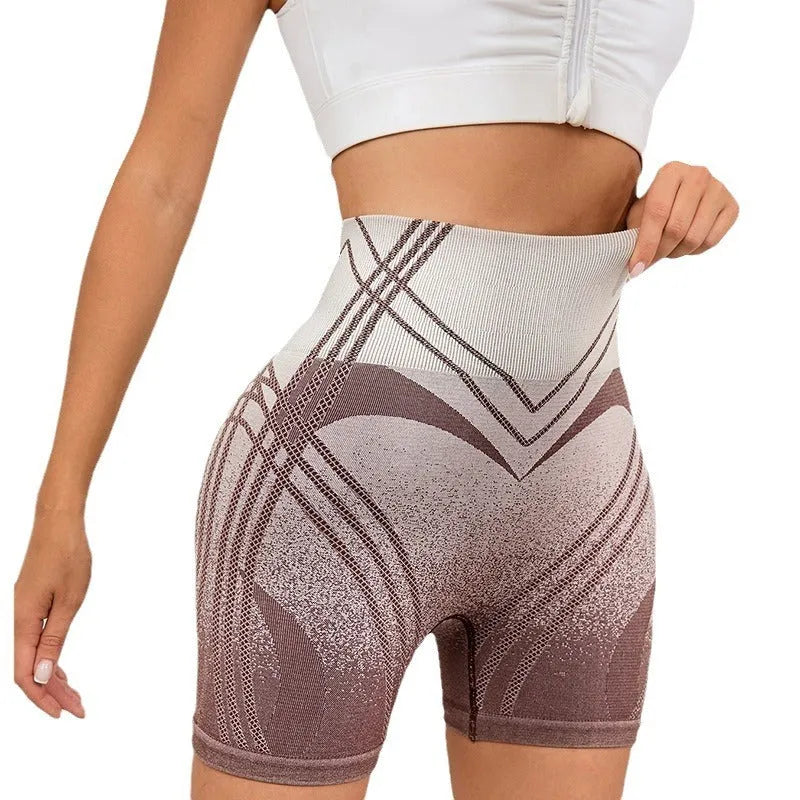 Women's high waisted gradient fitness shorts in black and brown colours for yoga and running