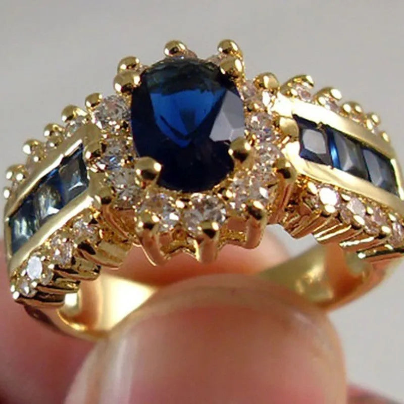 Three fashion ring designs: sunflower blue diamond, square blue zircon, and square purple zircon rings in zinc alloy