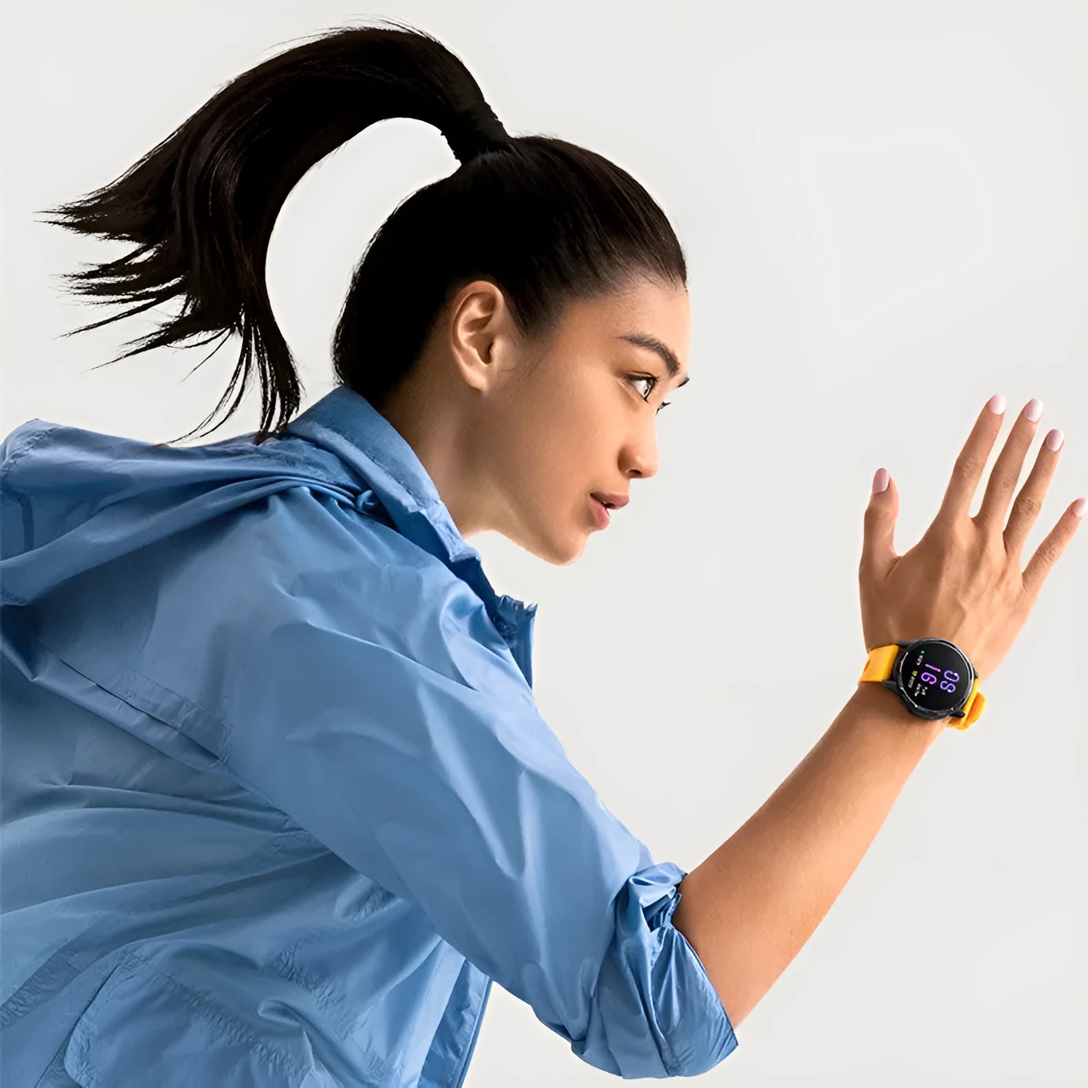 Smart watch with call function showing dual-band GPS tracking and swimming waterproof rating on wrist