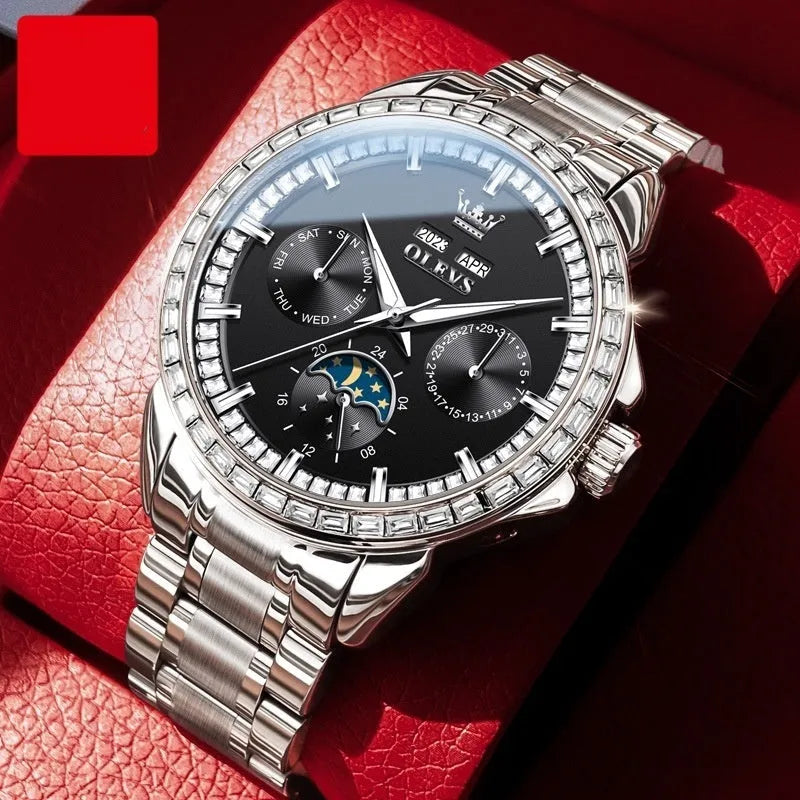 Men's automatic mechanical watch with diamond dial on stainless steel strap